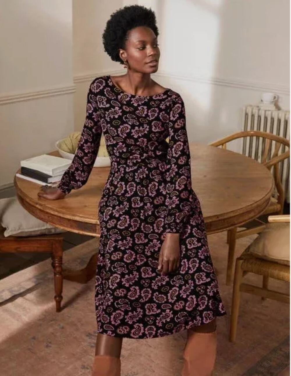 Boden Evelyn Jersey Midi Dress Paisley Long Sleeves Pockets Modest Stretchy 10L